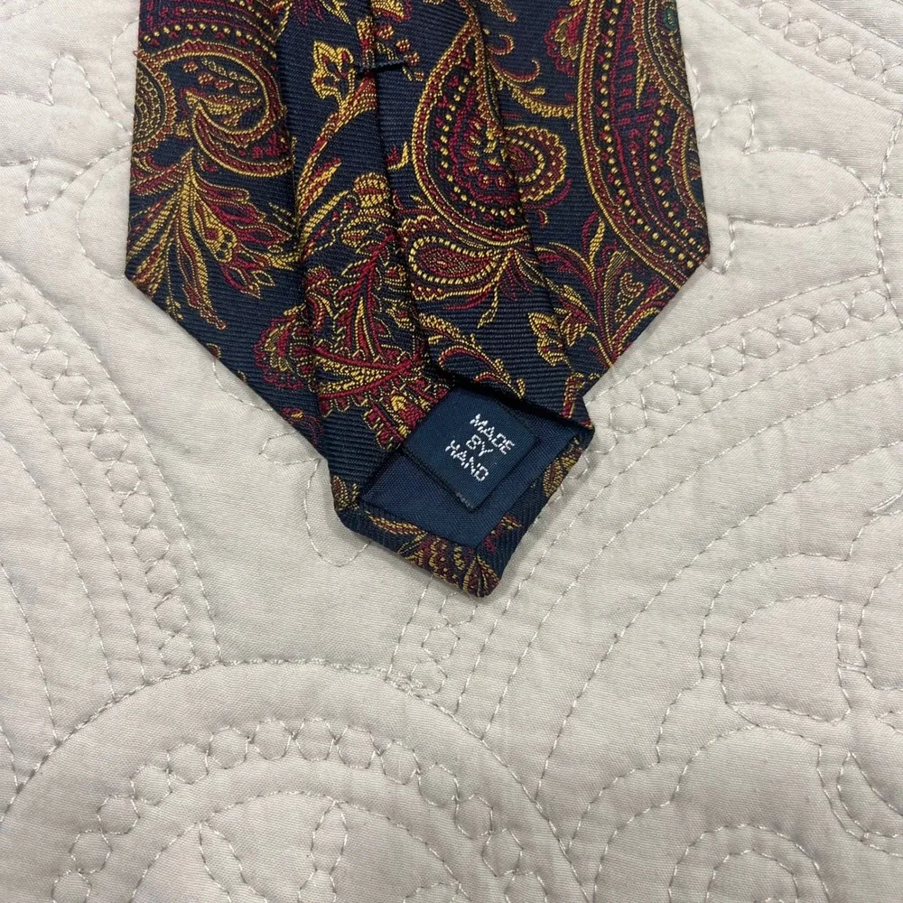 Polo Ralph Lauren Mens Silk Paisley Tie Navy Blue Red Gold Made in USA Hand Made